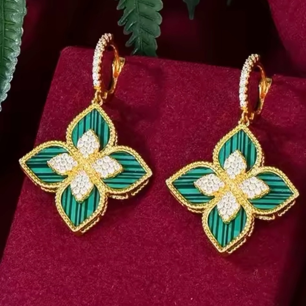 Malachite Flower Dangle Earrings - image 2